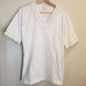Vintage Actif White T-shirt With Gold Studs And Lace Trim 80s 1980s Women's M